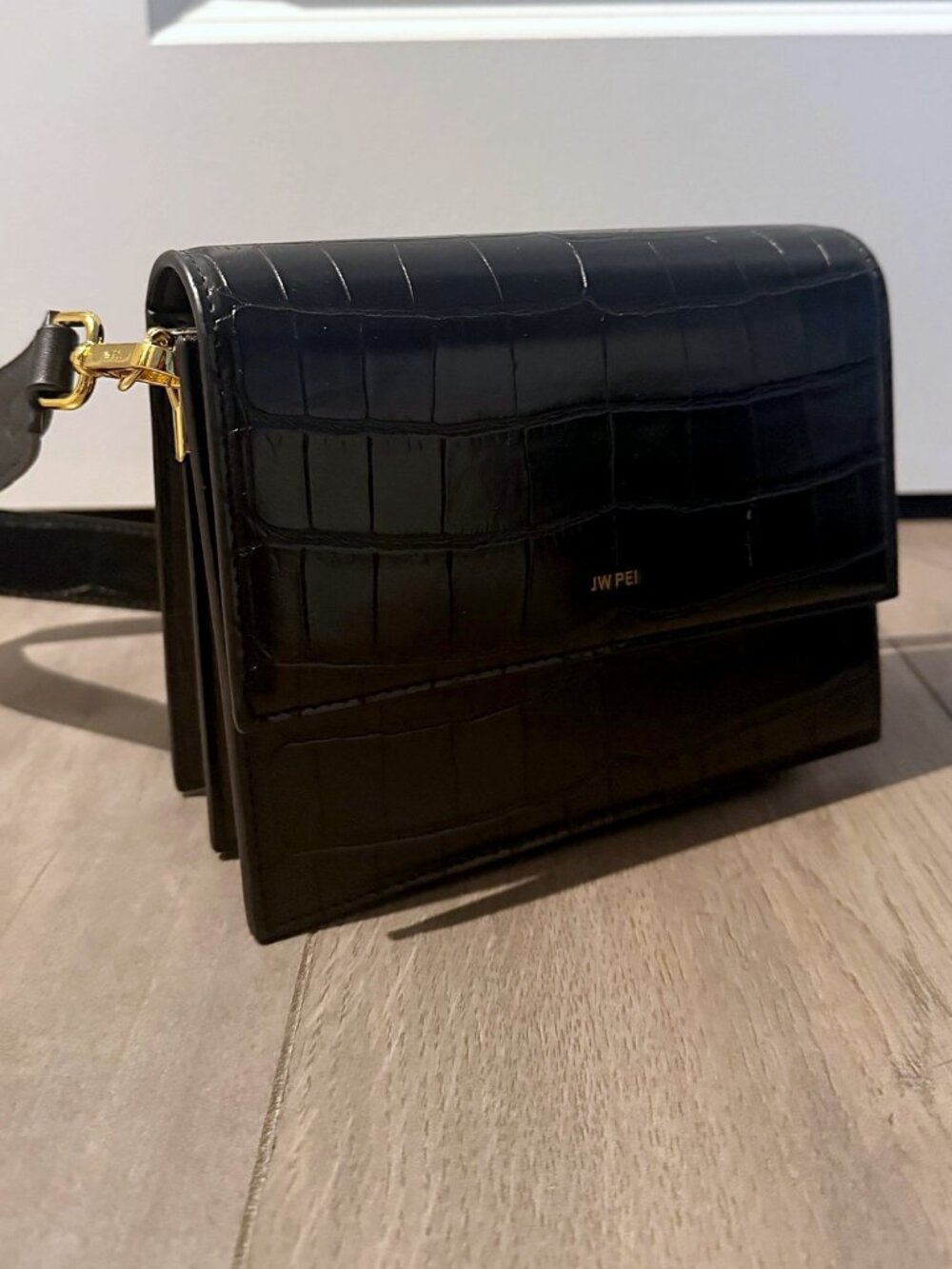 JW PEI Mini Flap Crossbody Bag Black Croc Vegan Leather Gold Hardware